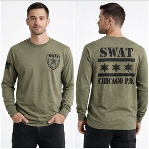 Next Level Apparel Chicago SWAT Long Sleeve Tactical Graphic Shirt Olive Green L